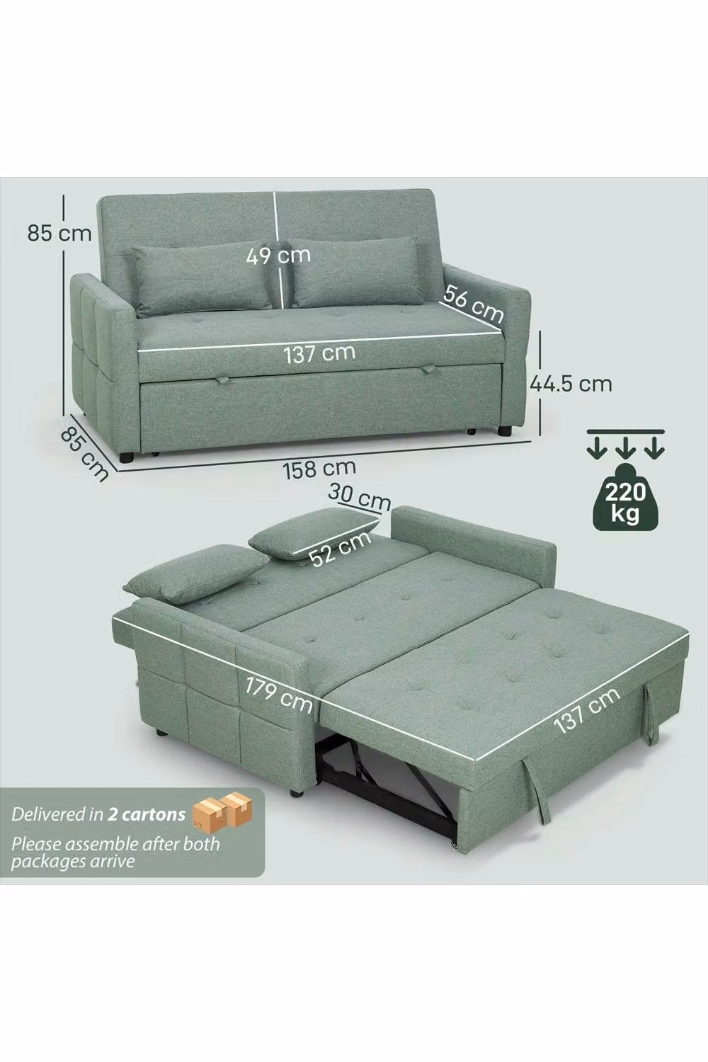 ERGOVEXA Three-Way Two-Seater Click-Clack Sofa Bed in Green with Scatter Cushions – 2