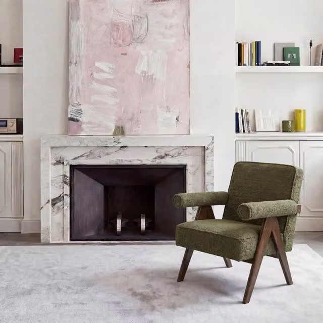 LPD Home Ember Lounge Chair in Green Fabric with Walnut Upholstered Frame and Armrests