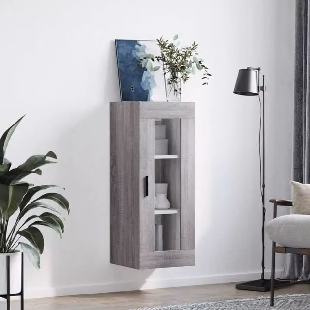 Berkfield Home Wall Mounted Cabinet in Grey with Glass Doors, W/D/H: 34.5 x 34 x 90 cm