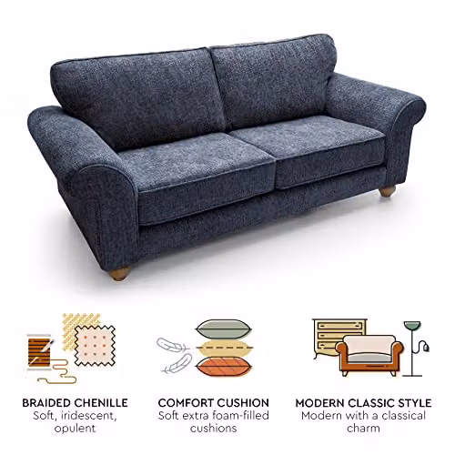 Abakus Direct Ingrid 3 Seater Sofa in Dark Blue Braided Chenille Fabric, W/D/H: 215 x 95 x 90 cm – 3