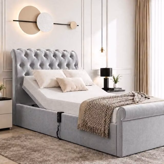 K Mehmood Enterprise Ltd Luxury Electric Adjustable Bed with Chesterfield Headboard and Footboard in Silver Velvet, W/D/H: 180 x 200 cm