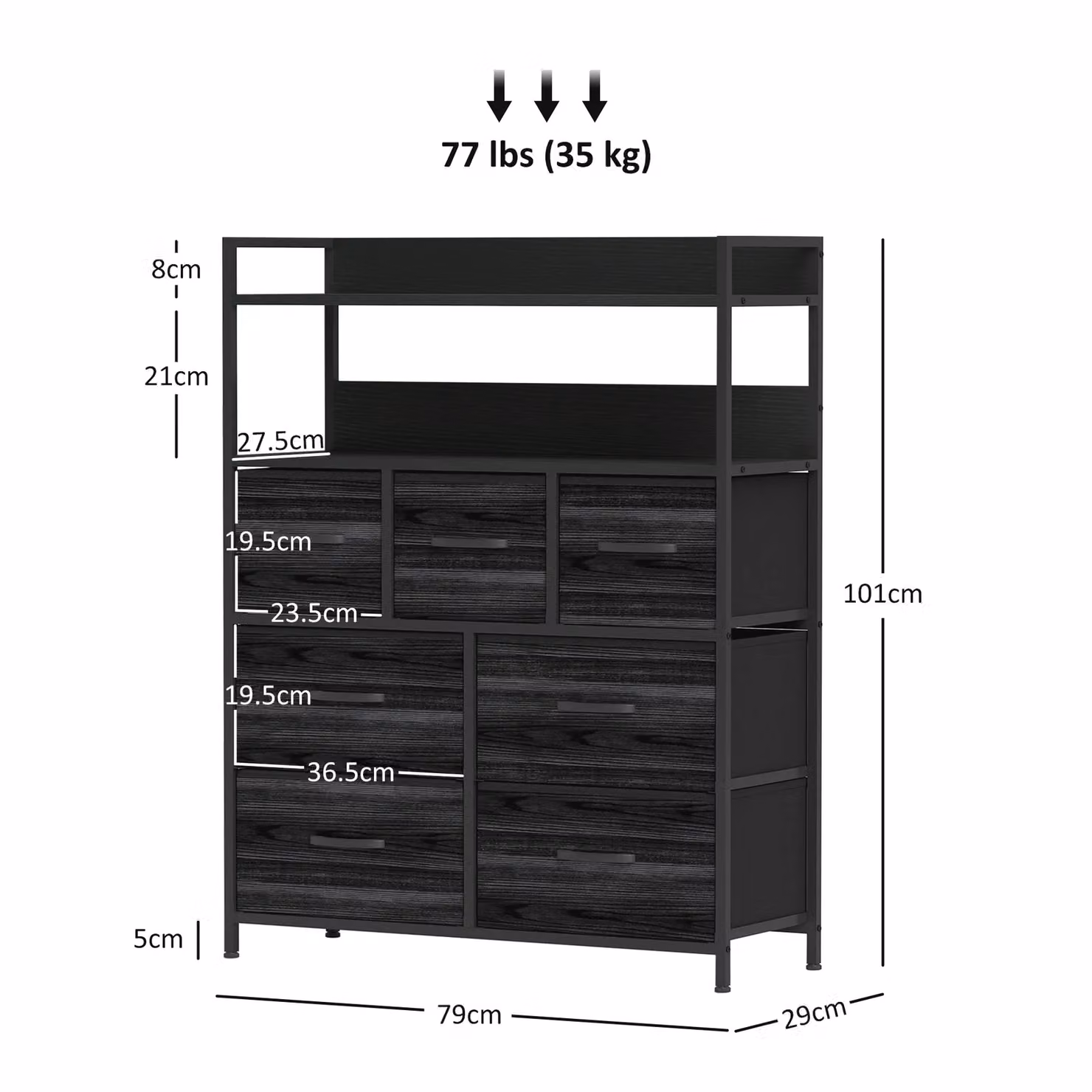 HOMCOM 7 Drawer Bedroom Chest of Drawers with Shelves in Black Industrial Style – 3