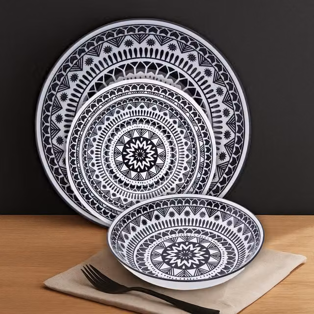 Orsina 12 Piece Black and White Geometric Ceramic Dinner Service Set – 1