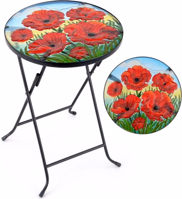 Christow Poppy Floral Bistro Table with Glass Top in Red and Black, W/D/H: 35 x 35 x 35 cm