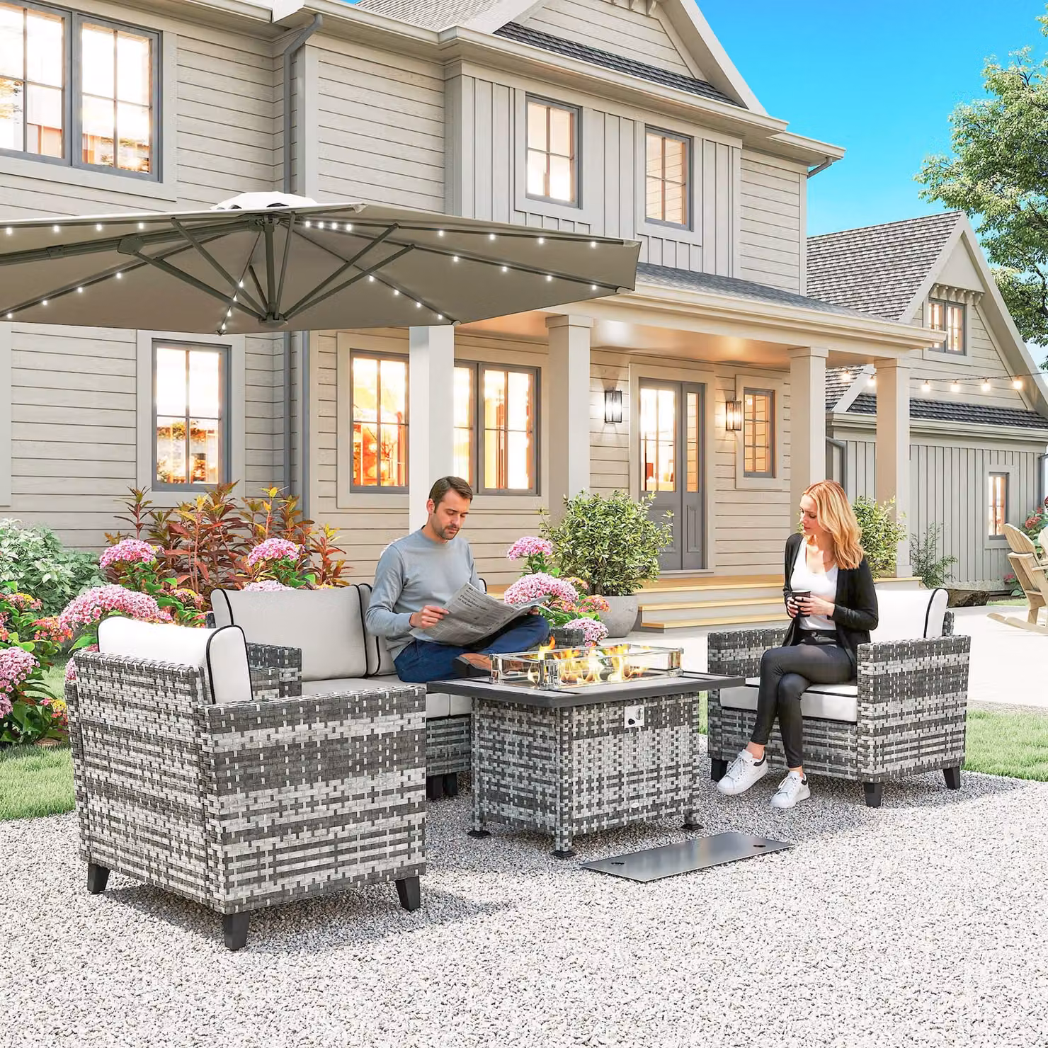 Outsunny 5-Piece Rattan Patio Furniture Set with Gas Fire Pit Table, 2-Seater Sofa, Armchairs and Cushions in Grey – 2