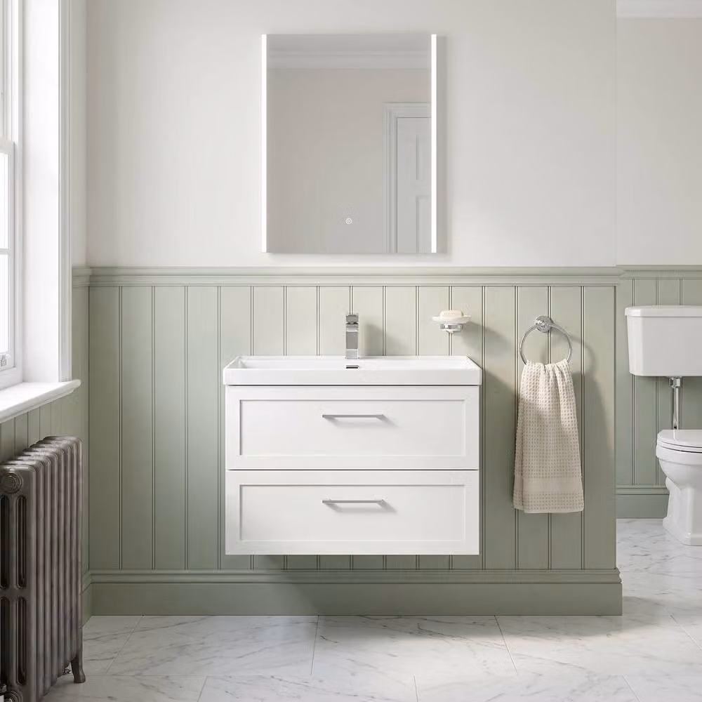 Balterley Stonnall 2 Drawer Wall Mounted Vanity with Thin Edge Basin, Matt White, Width: 80 cm – 2