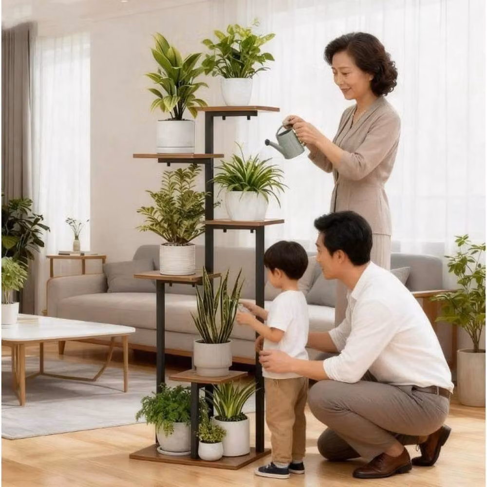 FORGEVIO Modern Tall Plant Stand, Black Metal and Wood Indoor Plant Shelf – 4