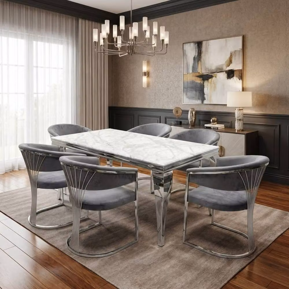 Home Luxe Interior Grey Marble and Silver Rectangular Dining Table with 6 Porado Grey Chairs, Width: 160 cm – 3
