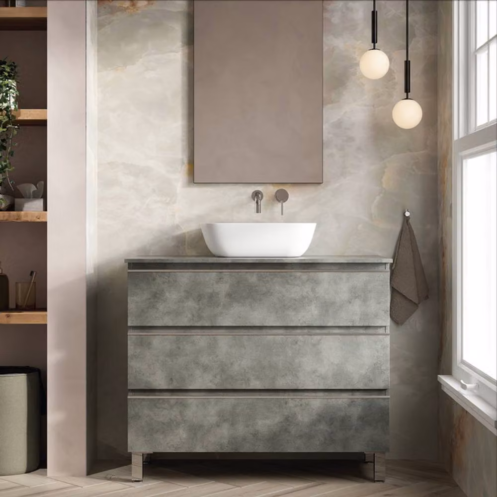 Banyetti Vatilla Floorstanding Bathroom Vanity Unit with Matching Worktop, Cemento Grey, W: 100 cm, D: 45 cm, H: 45 cm – 2