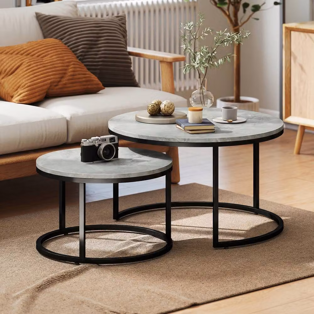 STILVORA Set of 2 Round Nesting Coffee Tables with Grey Marble Effect Composite Tops and Black Metal Sled Bases – 3