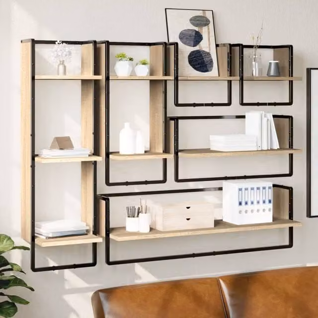 Berkfield Home 6 Piece Sonoma Oak Wall Shelf Set with Hanging Rods in Brown – 1