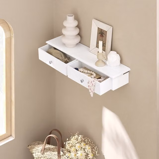 SoBuy Modern White Wood Wall Floating Shelf with Drawers