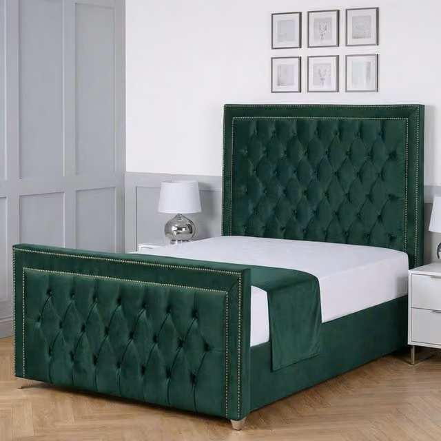 Living Comfort Bedz Metro Green Velvet Upholstered Gas Lift Storage Bed with 48 Inch Headboard, W/D/H: 200 x 200 cm