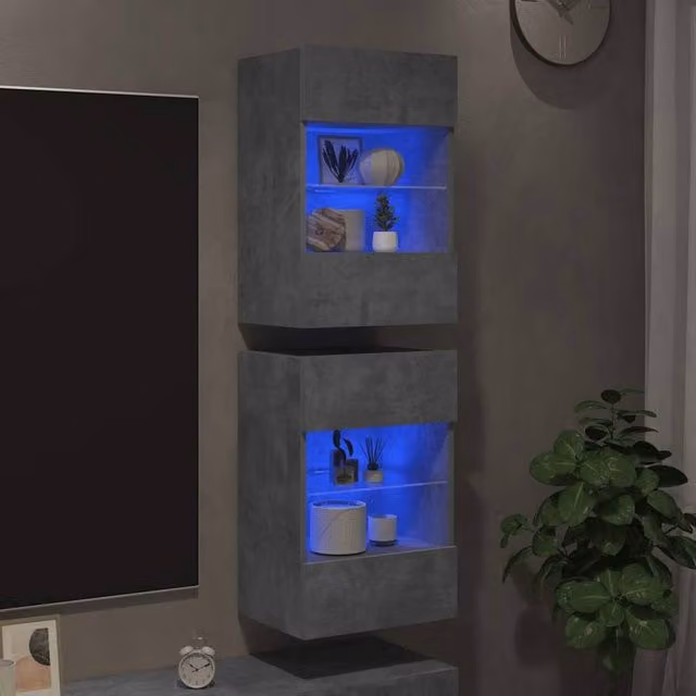 Berkfield Home Set of 2 Modern TV Wall Cabinets with LED Lights in Concrete Grey, W: 40 cm, D: 30 cm, H: 60.5 cm