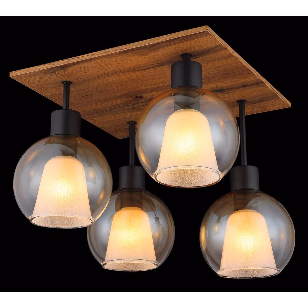 Netlighting Barry I Shade Cluster Ceiling Light in Black and Wood with Amber Transparent Glass Shades, 4x E27 – 2