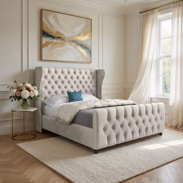 Casani Horning Small Double Upholstered Velvet Designer Bed Frame in Beige