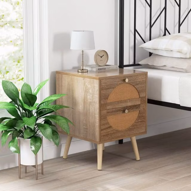 Costway Bohemian Rattan Nightstand and Side Table with 2 Drawers in Natural Brown – 1