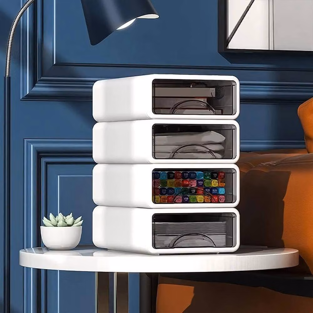 PAWNORA 4 Tier Stackable Desk Storage Box, White and Transparent Plastic Drawers – 6