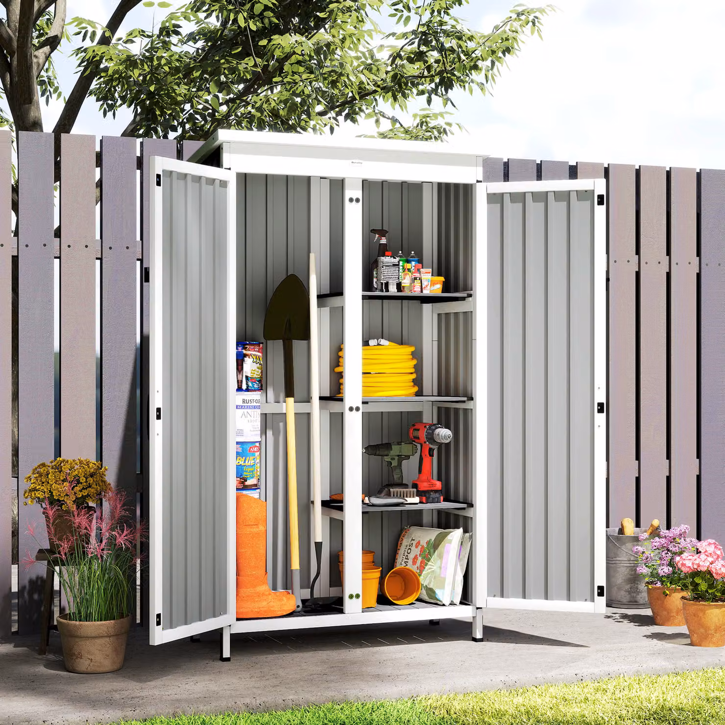Outsunny Outdoor Storage Cabinet with Removable Shelves and Asphalt Roof, White and Black, W/D/H: 90.0 x 43.0 x 166.0 cm – 7