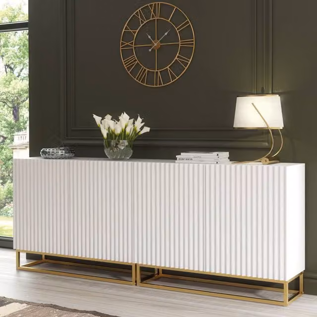 Creative Furniture Ripple Duo Sideboard in White and Gold with Modern Fluted Design and Push to Open Doors W: 200 cm, D: 35 cm, H: 80 cm – 1