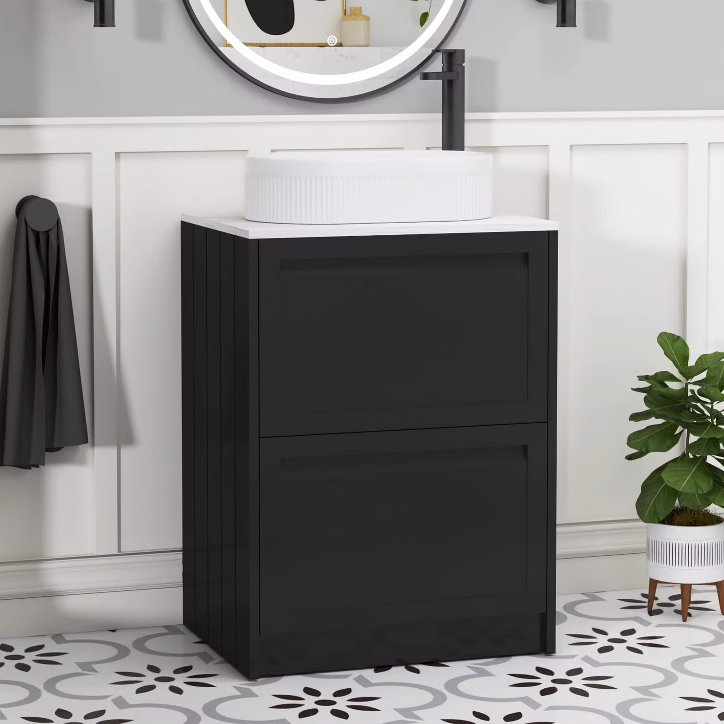 Royal Bathrooms Elmore 600mm Matt Nocturne Black Floor Standing 2 Drawer Vanity Unit with Lyon Basin