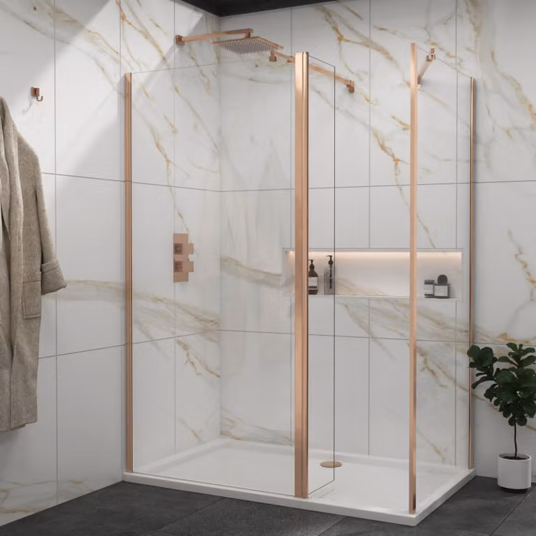 Royal Bathrooms Marbella Walk In Shower Enclosure with Flipper Panel and Tray, Brushed Bronze, W/D/H: 170 x 76 x 18.5 cm, 8mm Easy Clean Glass