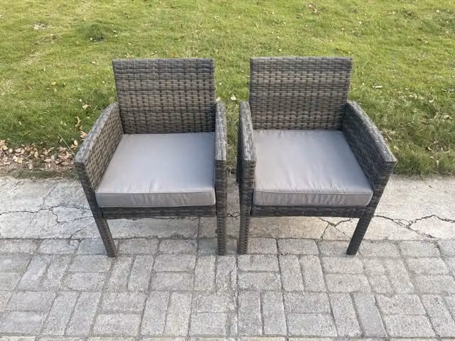 Fimous Set of 2 High Back Rattan Outdoor Garden Armchairs with Thick Seat Cushions in Dark Grey