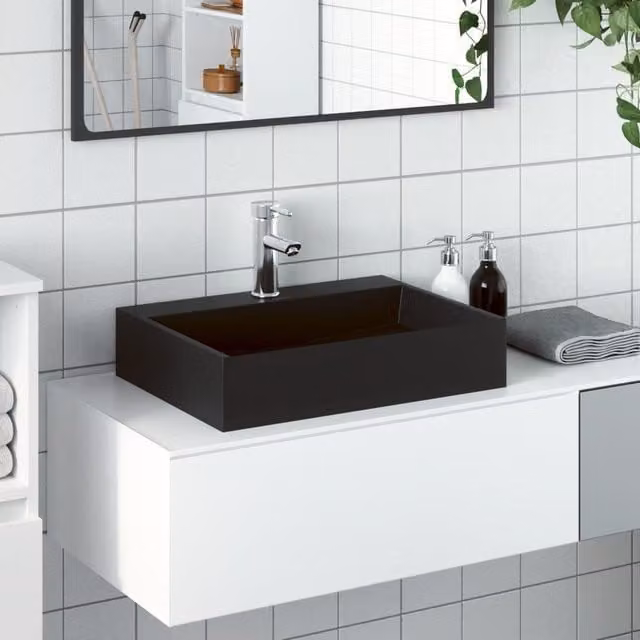 Berkfield Home Rectangular Mineral Cast Countertop Wash Basin in Matt Black, W/D/H: 50 x 38 x 11 cm