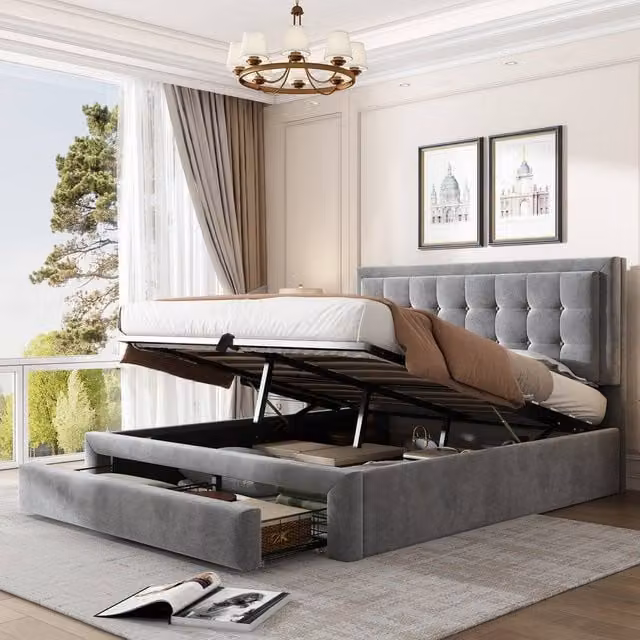 BTM Grey Velvet Upholstered Double Bed with Lift Up Storage, W/D/H: 140 x 200 x 101 cm – 1