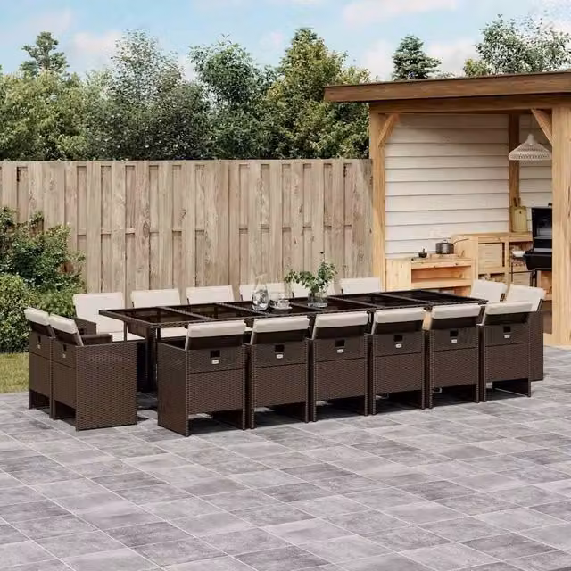 Berkfield Home 17 Piece Brown Poly Rattan Garden Dining Set with Glass Table and Cushions