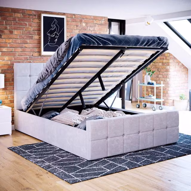 Vida Designs Valentina Double Ottoman Bed Frame in Light Grey Velvet, H 105 x W 144 x D 207 cm