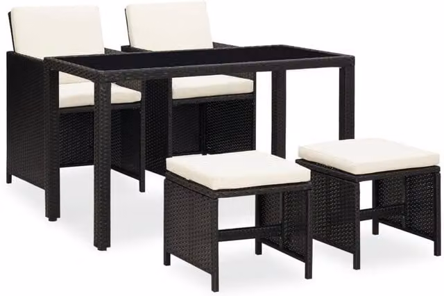Berkfield Home 5 Piece Outdoor Dining Set with Cushions in Black Poly Rattan and Glass