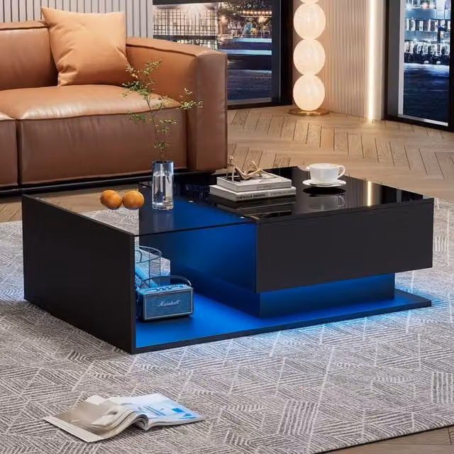 STILVORA LED Coffee Table with Drawer and Black Tempered Glass Top