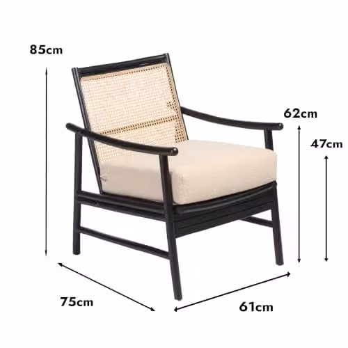 Desser Borneo Bedroom Chair in Black with Rattan Seat and Cream Boucle Cushion