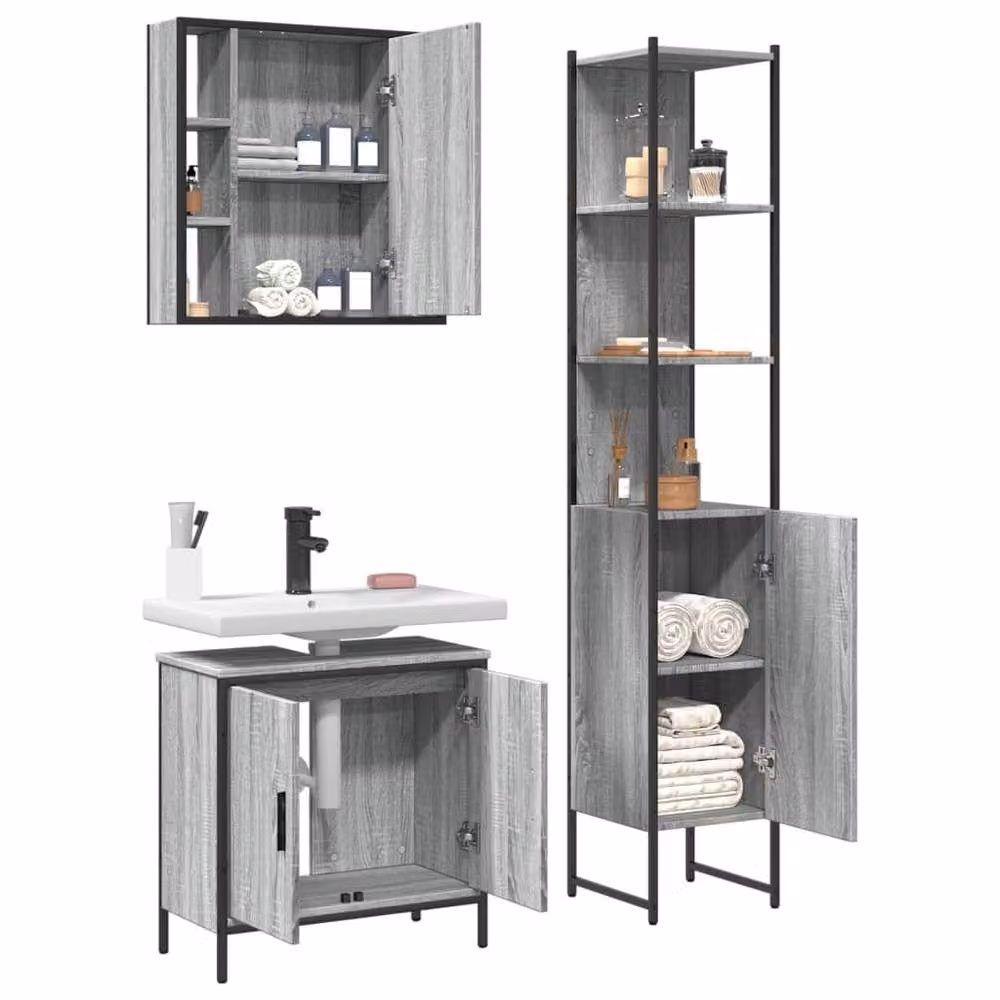 Berkfield Home 3 Piece Grey Bathroom Cabinet Set with Mirror Cabinet and Freestanding Units – 2
