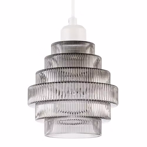 Happy Homewares Tiered Stepped Smoked Ribbed Glass Pendant Ceiling Light Shade in Grey, W: 16 cm, D: 15 cm, H: 15 cm – 1