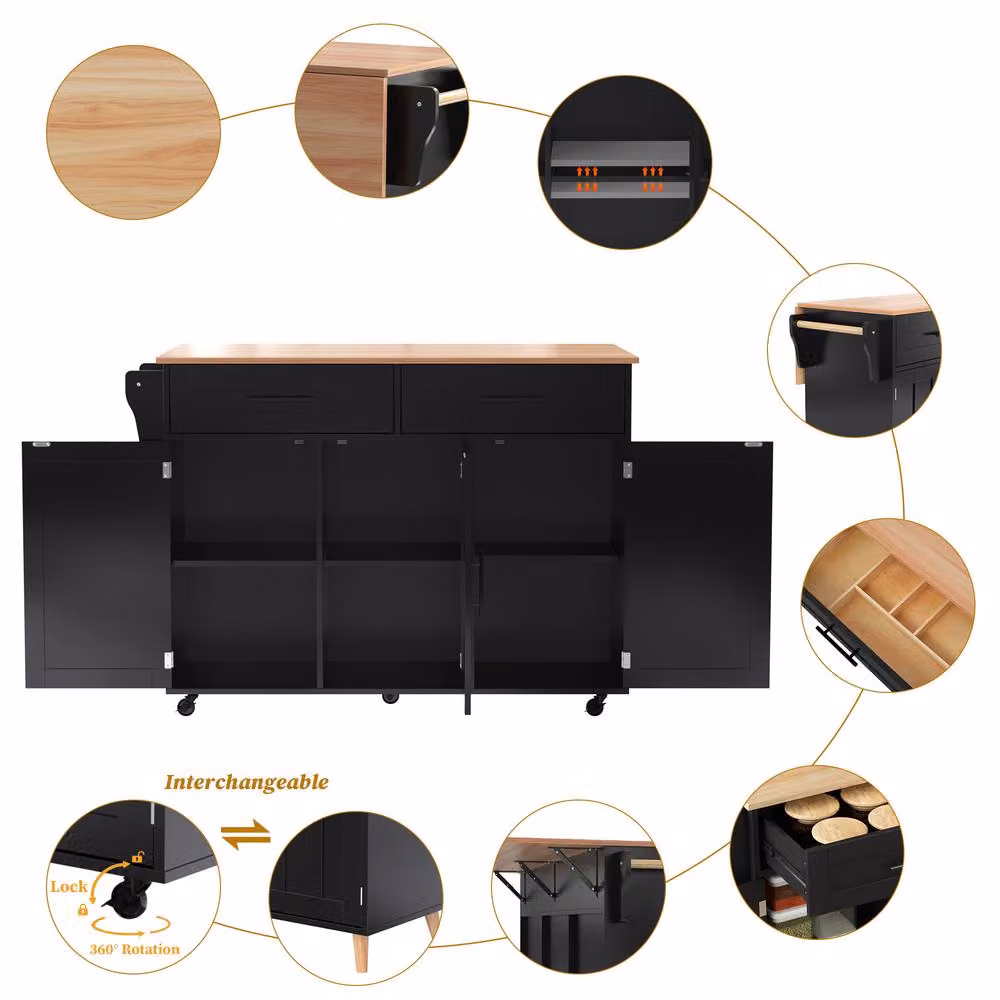 Merax Kitchen Island Trolley with Foldable Tabletop and Storage Cabinet Drawers in Black – 7