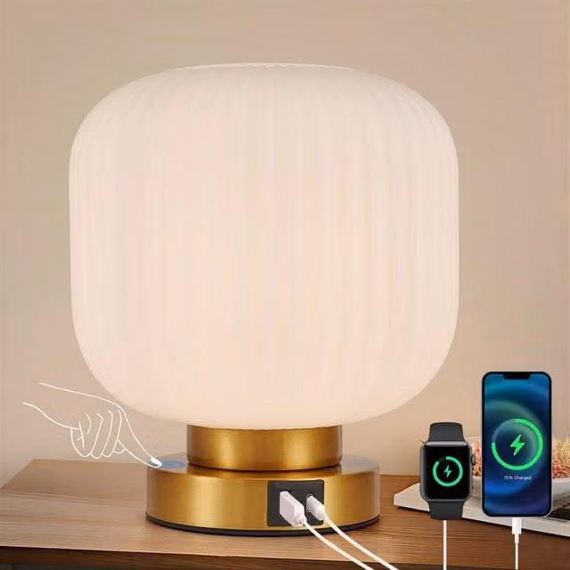 Harper Living Dimmable Touch Control Table Lamp with White Glass Dome Shade and Brass Metal Base