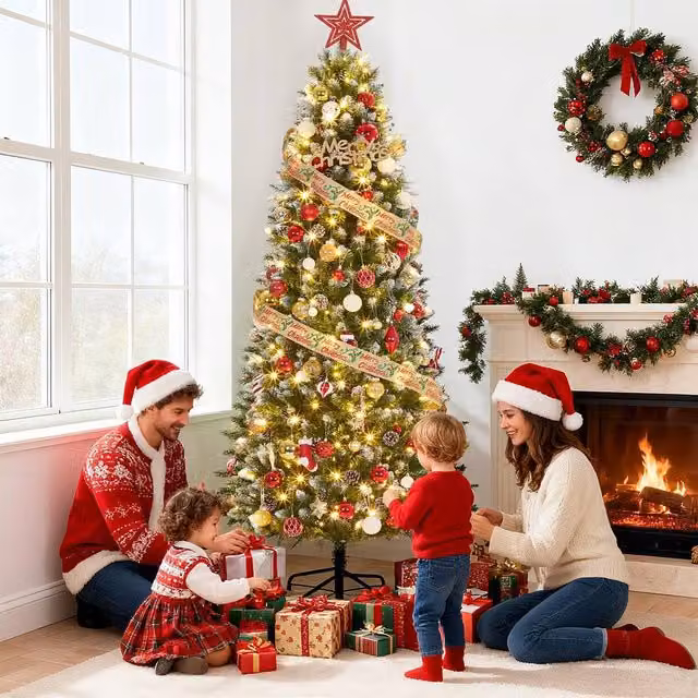 London Boutique 6ft Pre-Lit Artificial Pencil Spruce Christmas Tree in Green