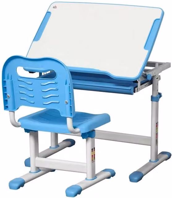 FORGEVIO Blue Modern Childrens Desk and Height Adjustable Office Chair Set with Drawer and Pen Storage