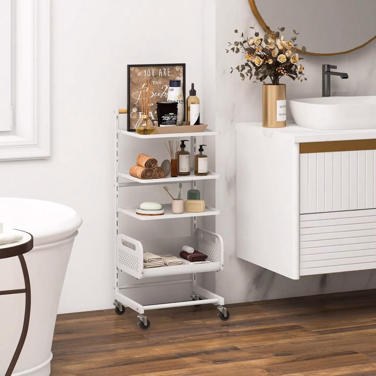 Costway 4 Tier Metal Kitchen and Bathroom Utility Storage Trolley with Adjustable Shelves in White – 3