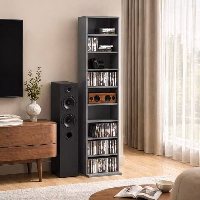 STILVORA Grey CD Storage Unit with 6 Adjustable Shelves