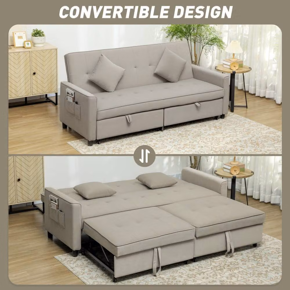 Wyld Haus Yokari 3 Seater Beige Velvet Click Clack Convertible Sofa Bed with Solid Wood Frame and Scatter Cushions, W/D/H: 196 x 89 x 90 cm – 3