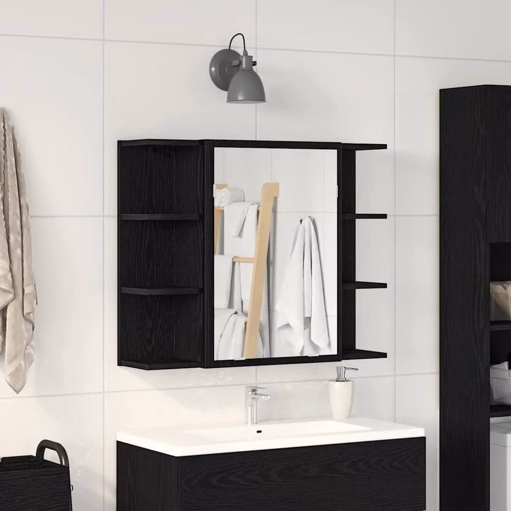 Berkfield Home Black Oak Solid Wood Compact Wall Mounted Mirror Cabinet – 2