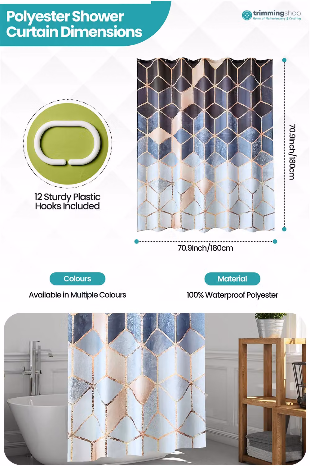 Neel Blue Geometric Waterproof Polyester Shower Curtain in Blue, W/D/H: 180 x 200 cm – 2