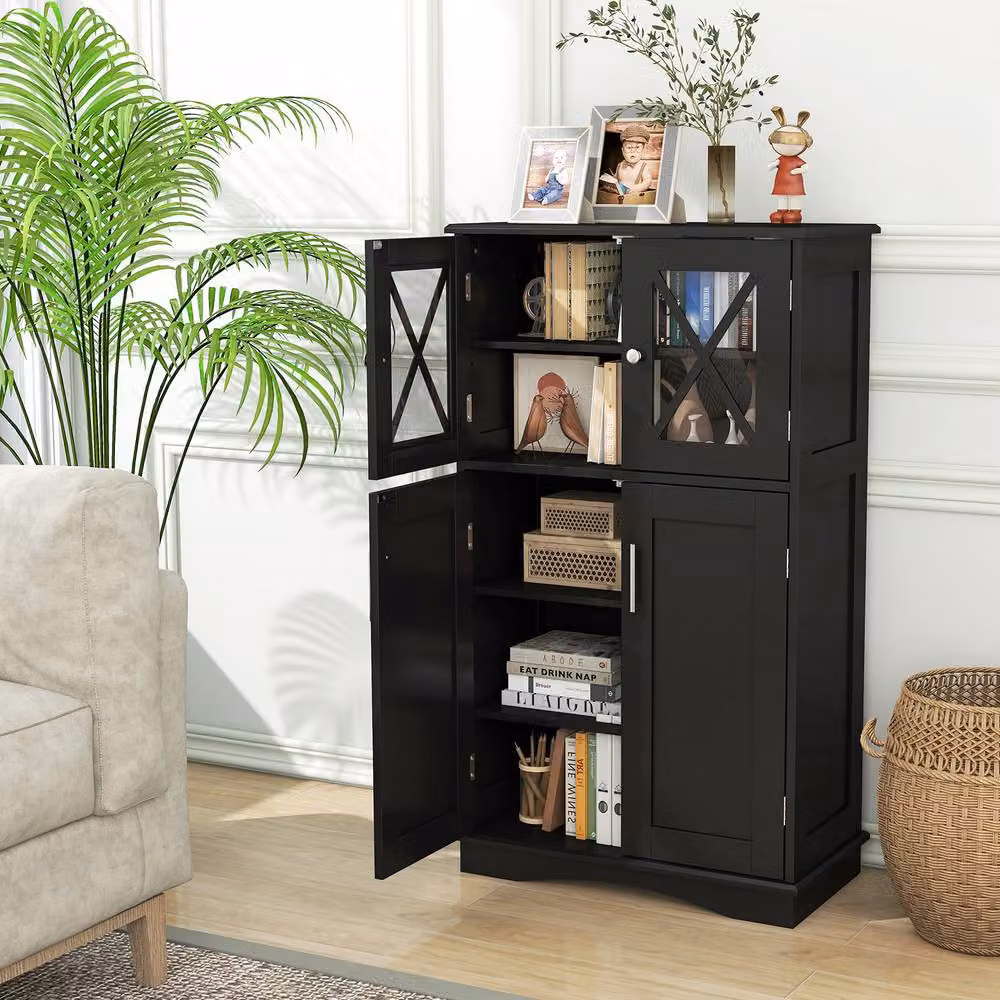Costway Freestanding Black Bathroom Storage Cabinet with Glass Doors and Internal Shelves – 3