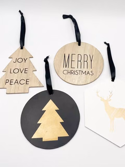 SVNX 4 Pack Minimalist Wooden Christmas Tree Ornaments in Beige