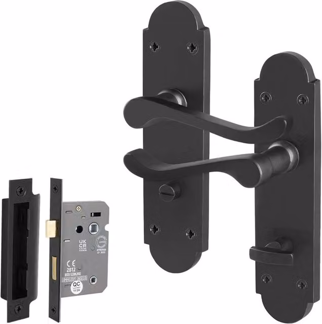 AFIT Matt Black Bathroom Door Handle Set, 1 Pair of Backplate Handles, W/H: 15 x 15 cm