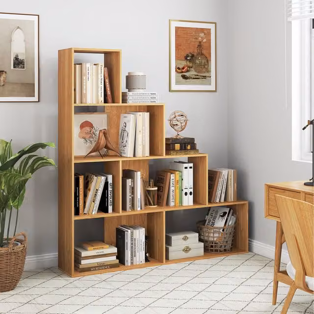 COSTWAY 4-Tier Modern Geometric Stepped Bookshelf in Brown