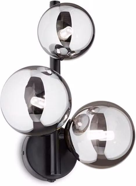 Ideal Lux Perlage 3 Globe Wall Lamp in Black and Copper with Transparent Glass Spheres